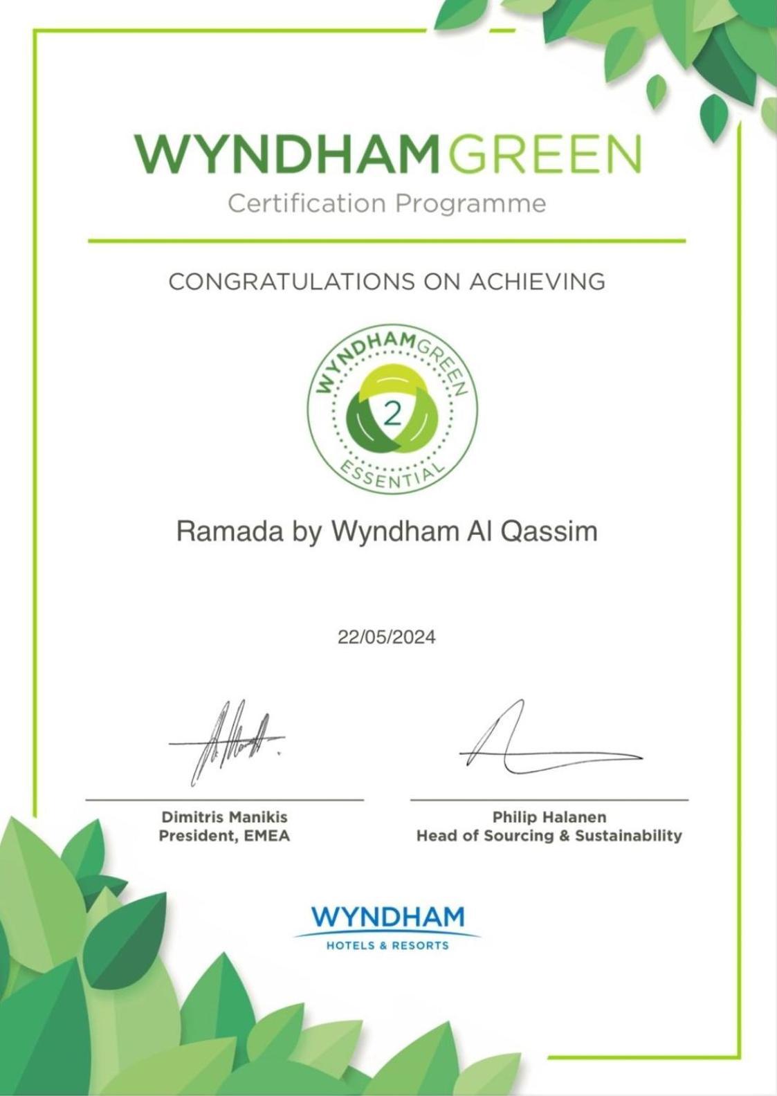 Ramada Hotel & Suites By Wyndham Al Qassim Al Bukayriah Exterior photo Wyndham Green Essential Certificate